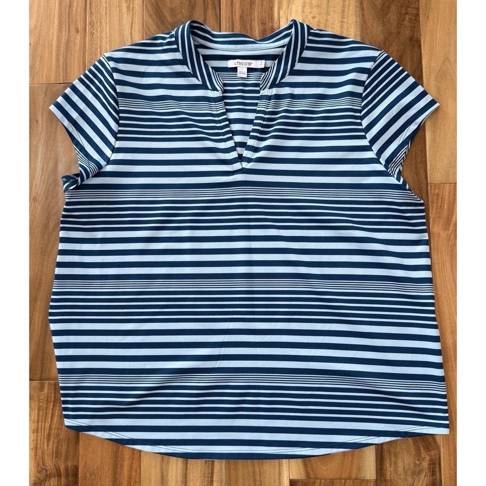 Chicos Zenergy UPF Size 2 Golf Polo VNeck 1/4 Zip Shirt Stripe Blue